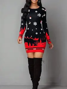 Women's Vintage Geometric Print Casual Long Sleeve Dress, Elastic Polyester Blend Backless Mini Tight Fit, Perfect for Daily Wear, Christmas New Year