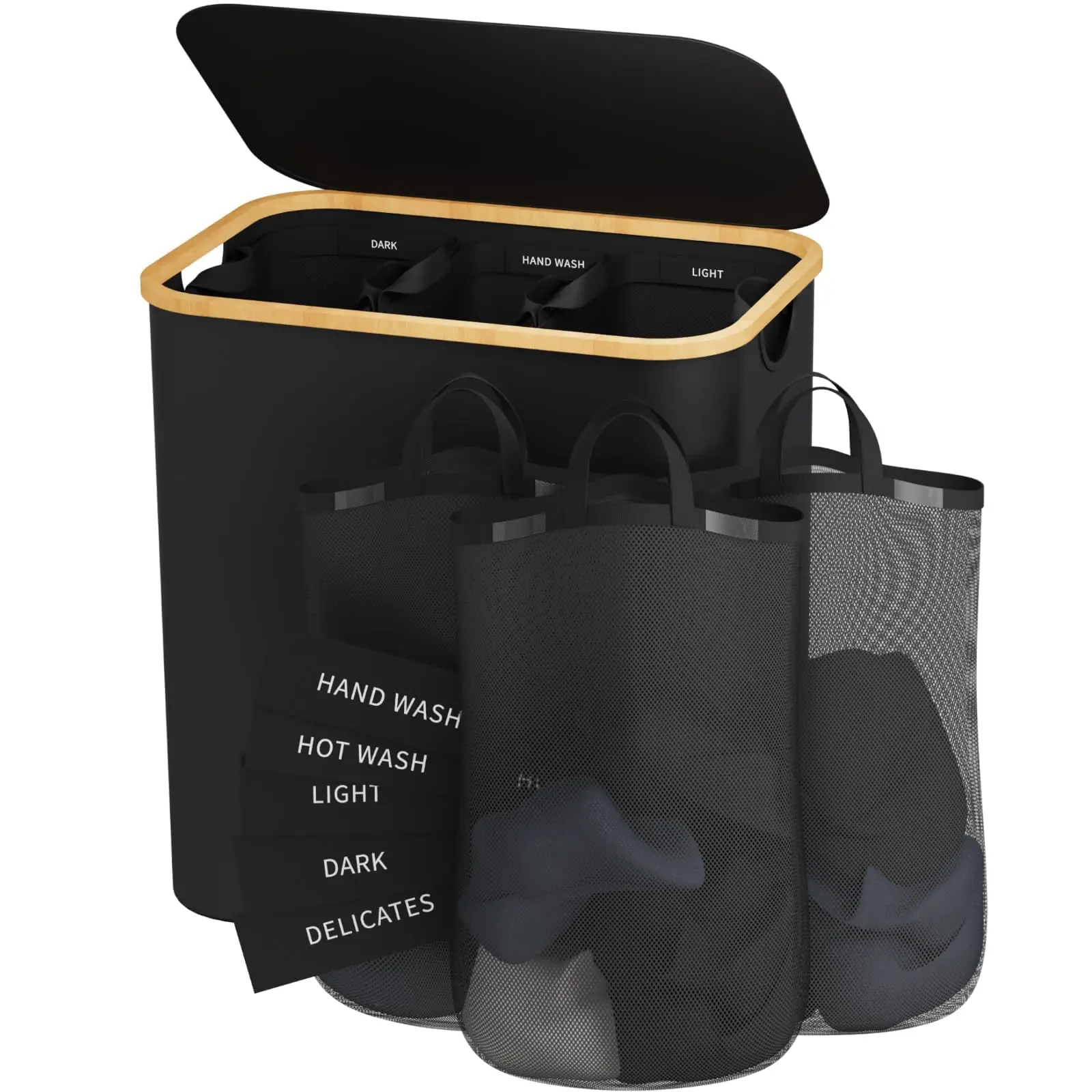 Bathola Laundry Hamper with Lid, 3-Compartment Foldable Laundry Basket with Removable Bags, Dirty Clothes Organizer for Bedroom Black bathroom accessories Easy to Install