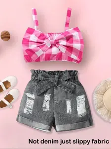 Girl's Plaid Print Bow Decor Crop Top & Denim-Effect Print Shorts Two-Piece Set, Casual Sleeveless Top & Shorts for Summer, Kids Clothes for Daily Wear