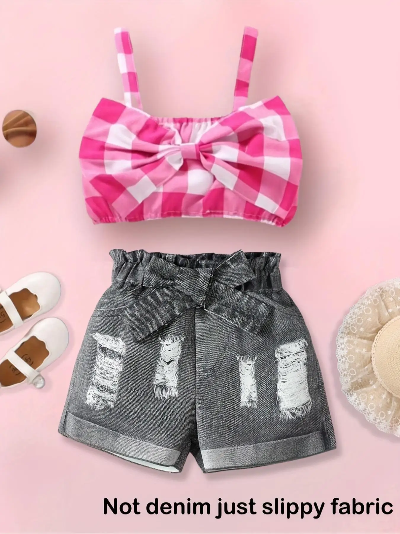 Girl's Plaid Print Bow Decor Crop Top & Denim-Effect Print Shorts Two-Piece Set, Casual Sleeveless Top & Shorts for Summer, Kids Clothes for Daily Wea