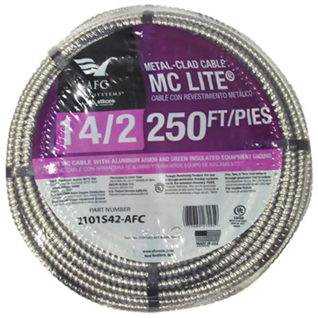 AFC Cable Systems 212 MAIN Aluminum Metal Clad Flexible Conduit (2101S42-AFC), 250 ft Length, 14-2MC, 14 gauge, 2 Conductor, 17 lbs, 13x13x5 in, Coil Form, Cable Protection Tool, 13 X 13 X 5 In