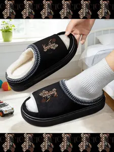 Seasonal Cartoon Design Thick Sole Slippers, Warm Fuzzy Home & Outdoor Anti-Slip Cotton Shoes, Textile Upper Eva Material Casual Style