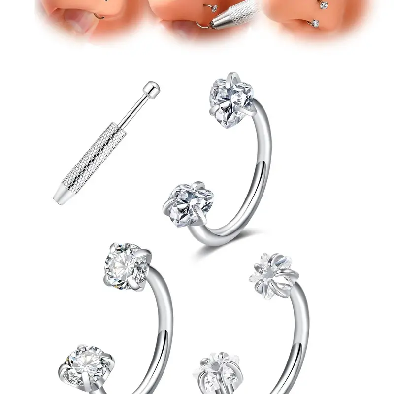 4-Piece Set 18g Stainless Steel Nose Rings, Septum Piercing, Heart & Star Design, Includes Tool Ball Seat, Fashionable Piercing Jewelry, Fashion Body Jewelry, Septum Pierced Ring for All Seasons
