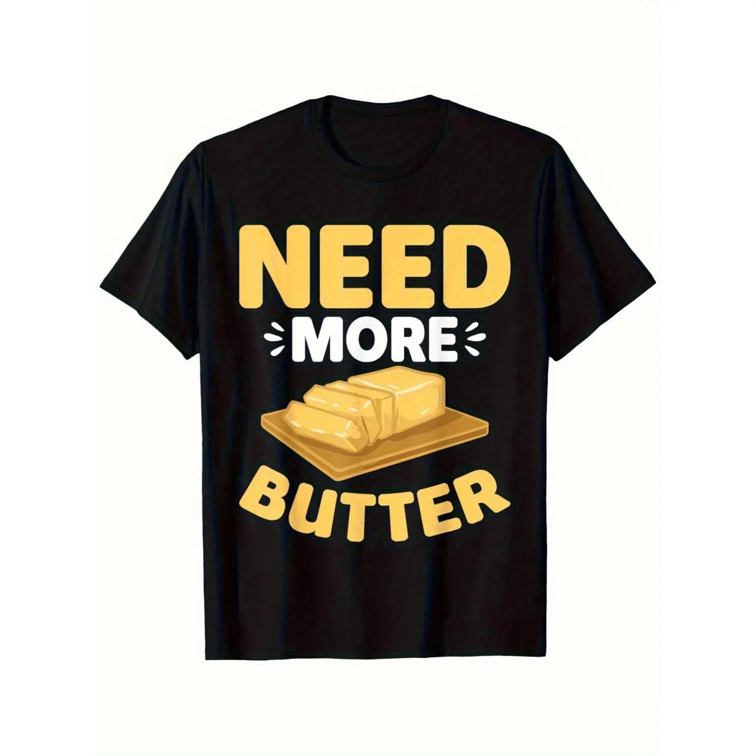 Men Crew Neck Short Sleeve T-Shirt, Bold Yellow Butter Graphic Tee With Slogan "Need More Butter", Comfort Fit Black Casual Top, Machine Washable Funny Gift for Father's Day Christmas Birthday Daily Wear