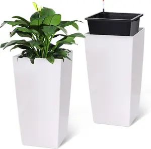 2PCS 30-Inch Heavy-Duty Tall Planters - Outdoor Planting Boxes with Drainage Holes, Water Level Monitor, Inner Bucket, Automatic Watering, White for Front Porch, Grande Plants & Trees
