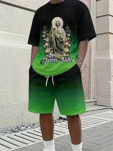 Men's Spring and Summer Casual Short-Sleeve Set, Gradient San Judas Tadeo Printed Religious Style Short-Sleeve Set, Vacation-Inspired Trendy Outfit, Breathable Sporty Casual Style, Perfect Festival Gift for Men