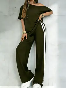 Women's Casual Sportswear Set, One-Shoulder Short Sleeve Top and Striped Long Pants, Spring Summer Two-Piece, Versatile Fashion