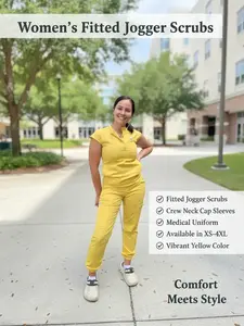 IFE Uniforms Women’s Fitted Jogger Scrub Set – Yellow | Crew Neck Cap Sleeve Medical Uniform (XS–4XL)