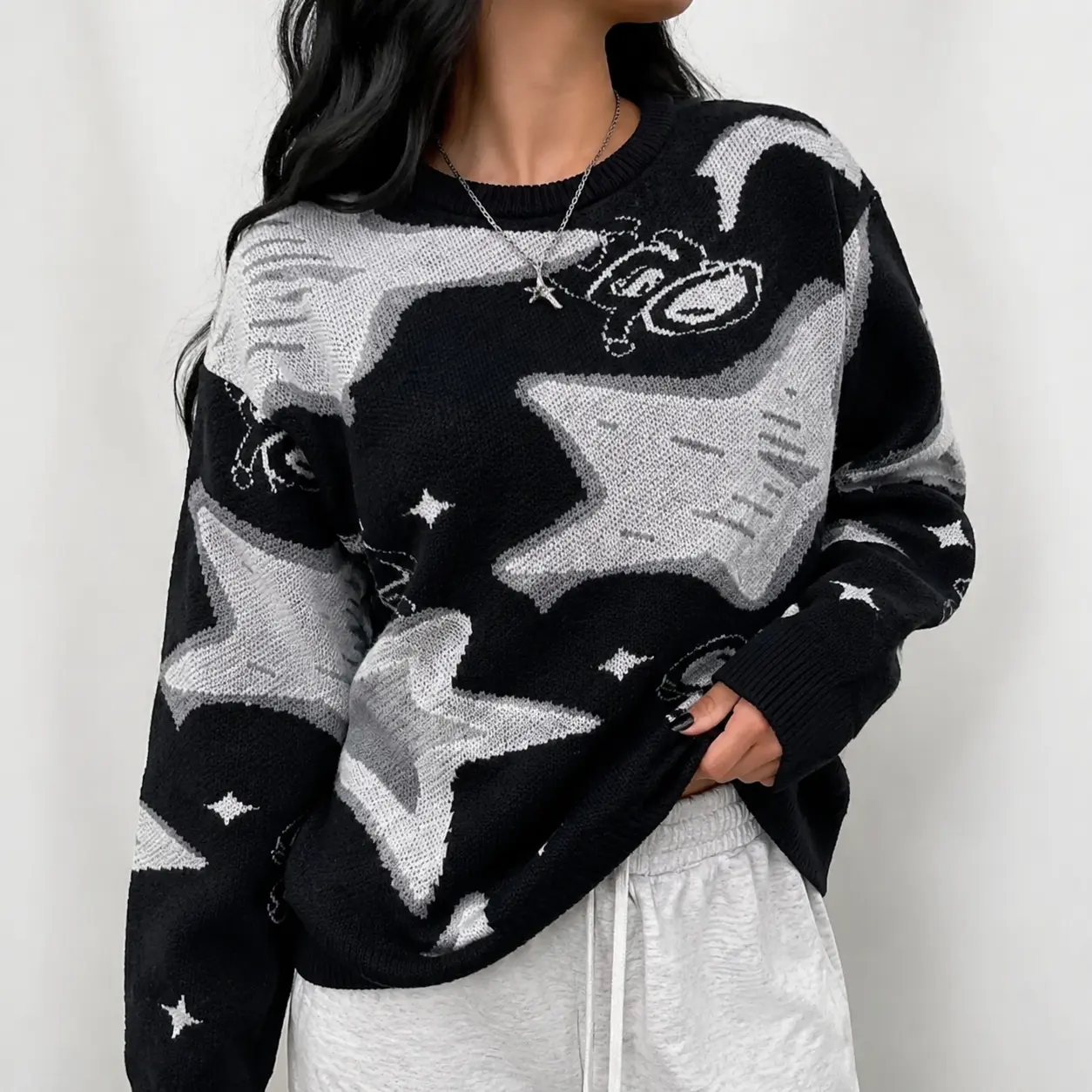 Women's Y2K Star Astronaut Graphic Knit Sweater Oversized Black Crewneck Pullover Harajuku Alt Streetwear Casual Fall Winter Cozy Warm Jumper Top Trendy Indie Alternative Grunge Aesthetic Fashion Cute Knitwear Clothing for Girls