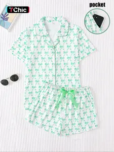 Women's All Over Bowknot Print Pajama Two-Piece Set, Cute Short Sleeve Lapel Top & Pocket Shorts PJ Set, Women's Sleepwear for Summer, Loungewear