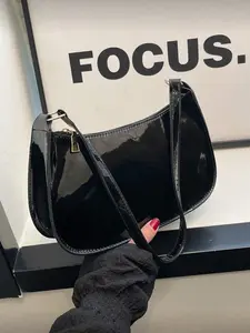 Minimalist Solid Color Zip Shoulder Bag, Fashion Crescent Shape Handbag, Artificial Leather Plain Wallet, Stylish Crossbody Bag