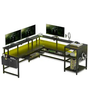Sikaic 96 Inches L Shaped Reversible LED Gaming Desk Black with 4 AC Outlets 2 USB Ports & LED Strip for Computer Setup Monitor Arm Monitor Mount