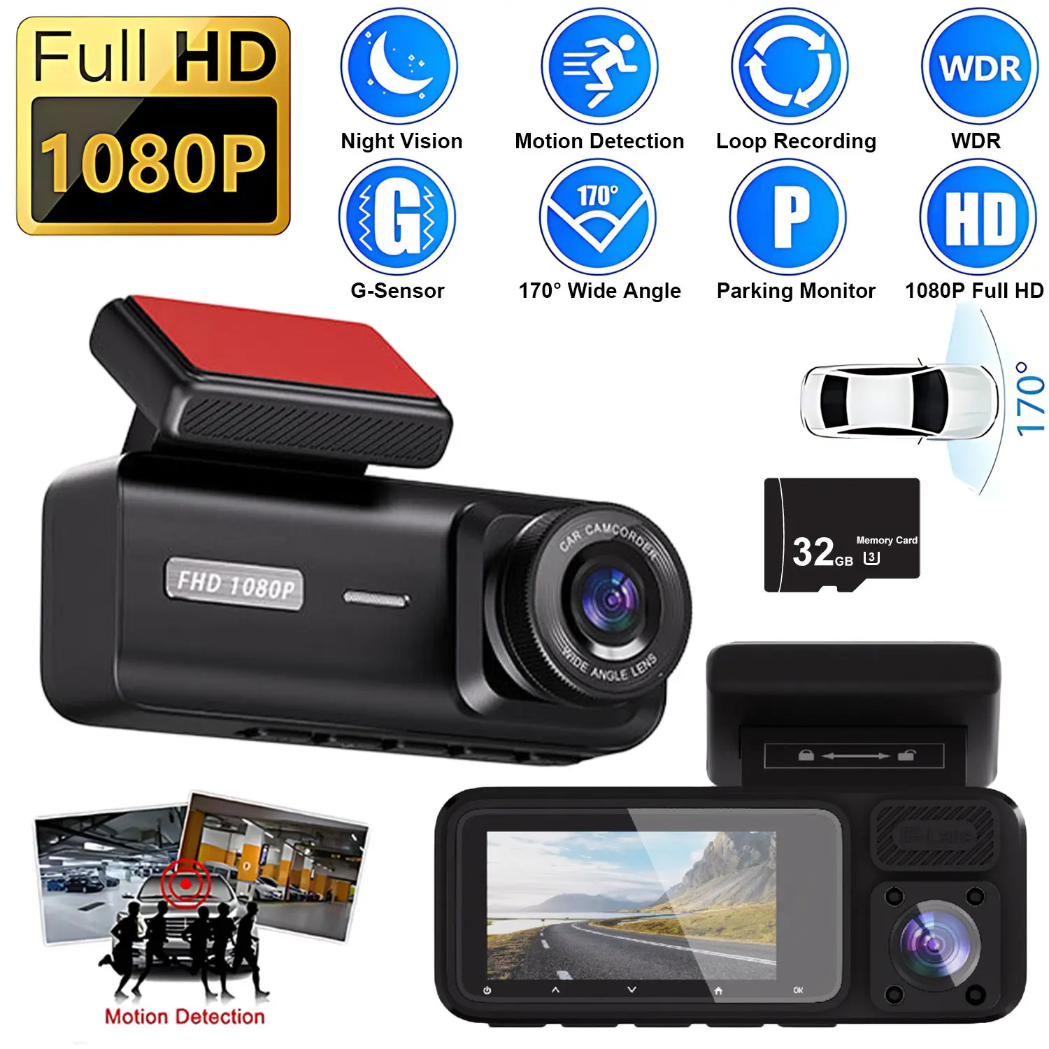 Night Vision Dual 1080P Dash Cam, Front & Rear Recording, Automatic Parking Scratches Alert, 170° Wide Angle, Loop Recording, HD Dash Camera, Car Dashcam, Car Dash Cam Front And Back