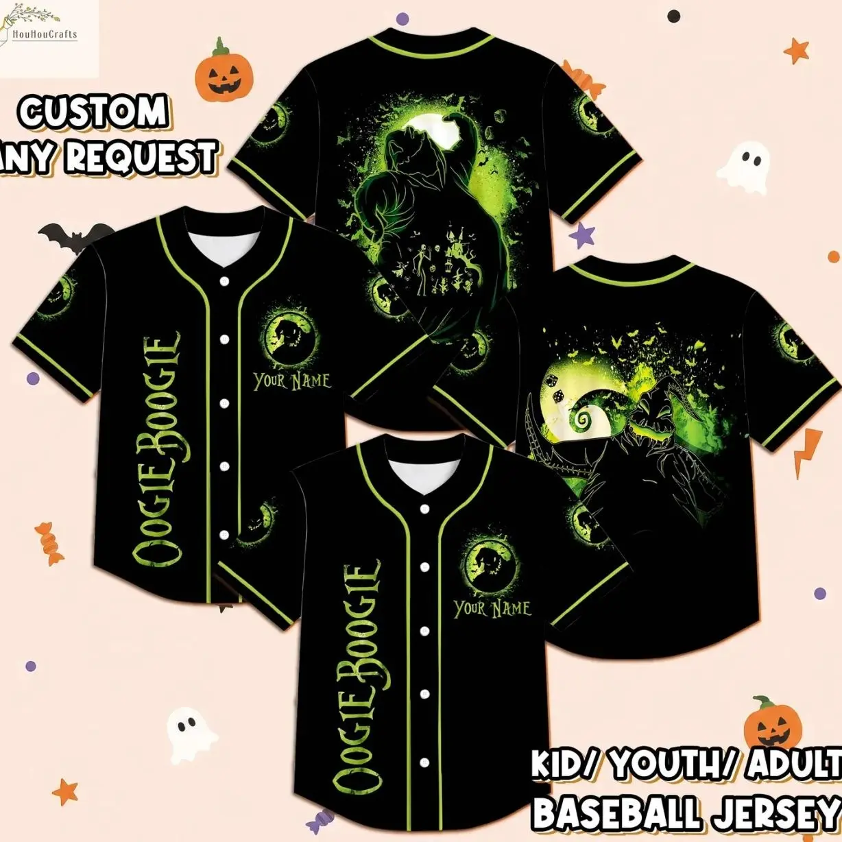 Personalized Oogie Boogie Baseball Jersey, Custom Nightmare Halloween Shirt, Spooky Theme Jersey, WDW Family Trip Gift
