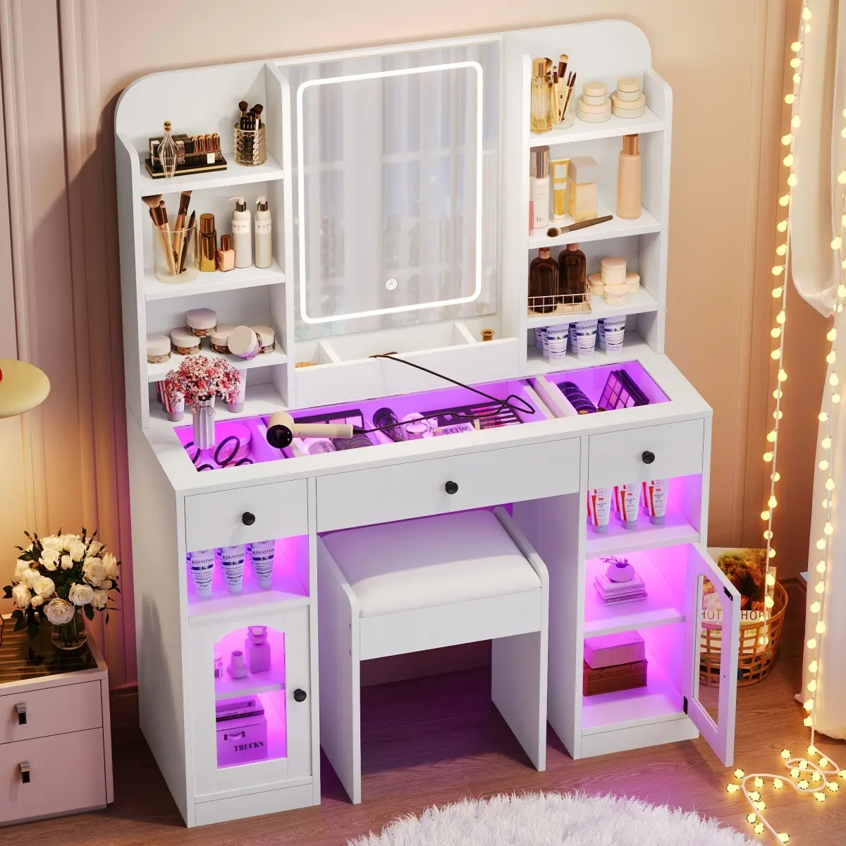 Aobtkel 43.2" White RGB-Lit Makeup Vanity Desk with LED Mirror, Glass Top, RGB Glass Light Cabinets, 3 Drawers, Storage Shelves and Stool for Bedroom, Rgb-Lit Makeup Vanities