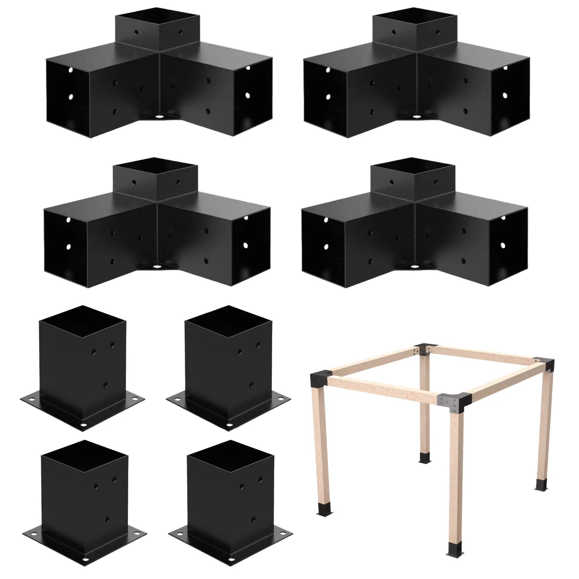 Heavy Alloy Steel 2.5mm Thick Pergola Kit for 6"x 6" Lumber，8pcs (4pcs 3-Way , 4pcs Base)  Bracket Woodworks DIY Post Base Kit,  Suitable for Backyard，Gardens，Patio and Metal Gazebo Kits