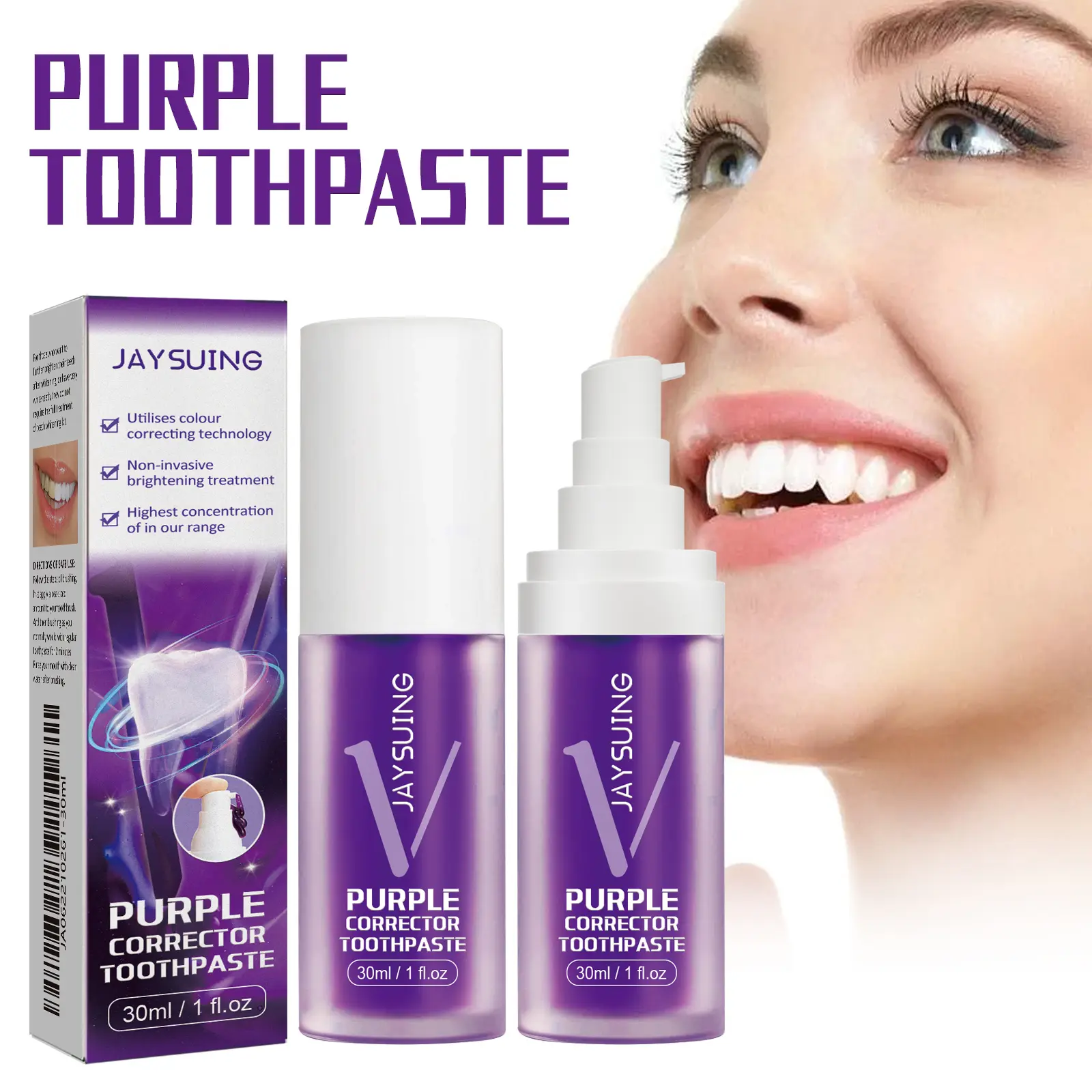 Purple Color Correcting Bright White Toothpaste for Adults, Instant Teeth Whitening Serum, Stain Remover, 30ml Oral Care Cleaner