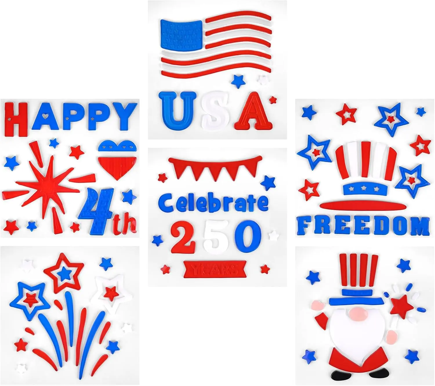 4th of July Gel Window Clings, Reusable 250th Anniversary Patriotic Gel Window Stickers for Independence Day Party Decor, USA Freedom Static Clings for Glass Doors, Mirrors, Classroom & Home Decor