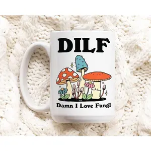 Mushroom Coffee Mug, Damn I love Fungi DILF Ceramic Cup, Cottagecore Gift, Boyfriend Husband Gift Idea, Toadstool Mug, Funny Novelty Gift