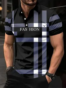 Men's Summer Fashion Casual Plaid Striped Polo Shirt, Round Neck Slim-Fitting Top, All over Print, Stylish Men's Clothing