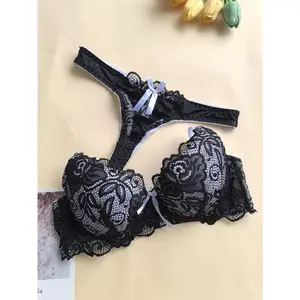 Women's High-Quality French Lace Lingerie Set - Deep V Neckline Bra with Matching Thong Panty, Elegant Feminine Soft Breathable Intimate Apparel