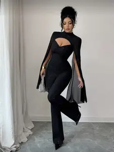 In-stock 2026 New Style Cross-border Women's Clothing  Round Neck Ribbed Chiffon Cape Bodycon Body Shaping Jumpsuit