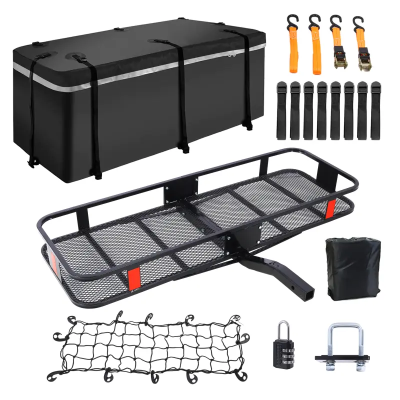 Hitch Mount Cargo Carrier Basket 60" X 21" X 6"+Waterproof Cargo Bag 13 Cubic Feet(56" 20" 20"),Hauling Weight Capacity of 500 Lbs and A Folding Arm.with Hitch Stabilizer,Net and Straps