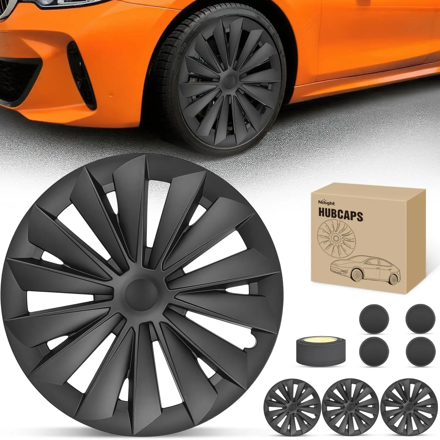Nilight 19-Inch Matt Black Multi-Spoke Wheel Cover Hubcaps Set of 4 for Tesla Model Y 2021-2024, ABS+PC Rim Protector, Scratch Guard, Tool-Free Wheel Protection Replacement Accessories