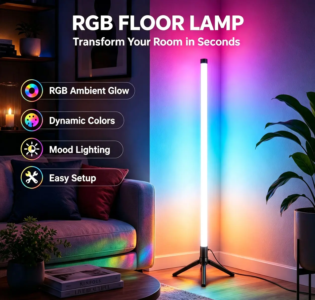 RGB Corner Floor Lamp - Smart LED Atmosphere Light with Music Sync, 16M Colors, Modern Standing Lamp for Gaming Room, Bedroom Setup
