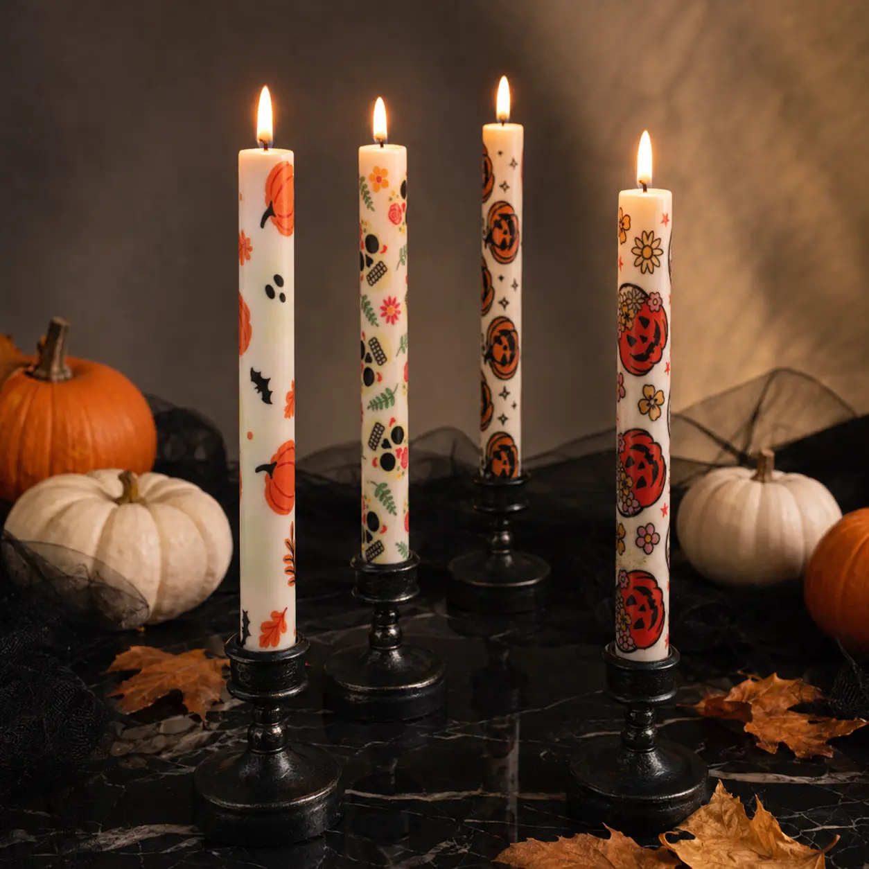 Halloween Flameless LED Tip Taper Candle Set, 4 Pieces Household Candle with Remote, Flickering Light, 2/4/6/8H Timer, Dimmable Battery-Operated Pumpkin Skulls Table Decor