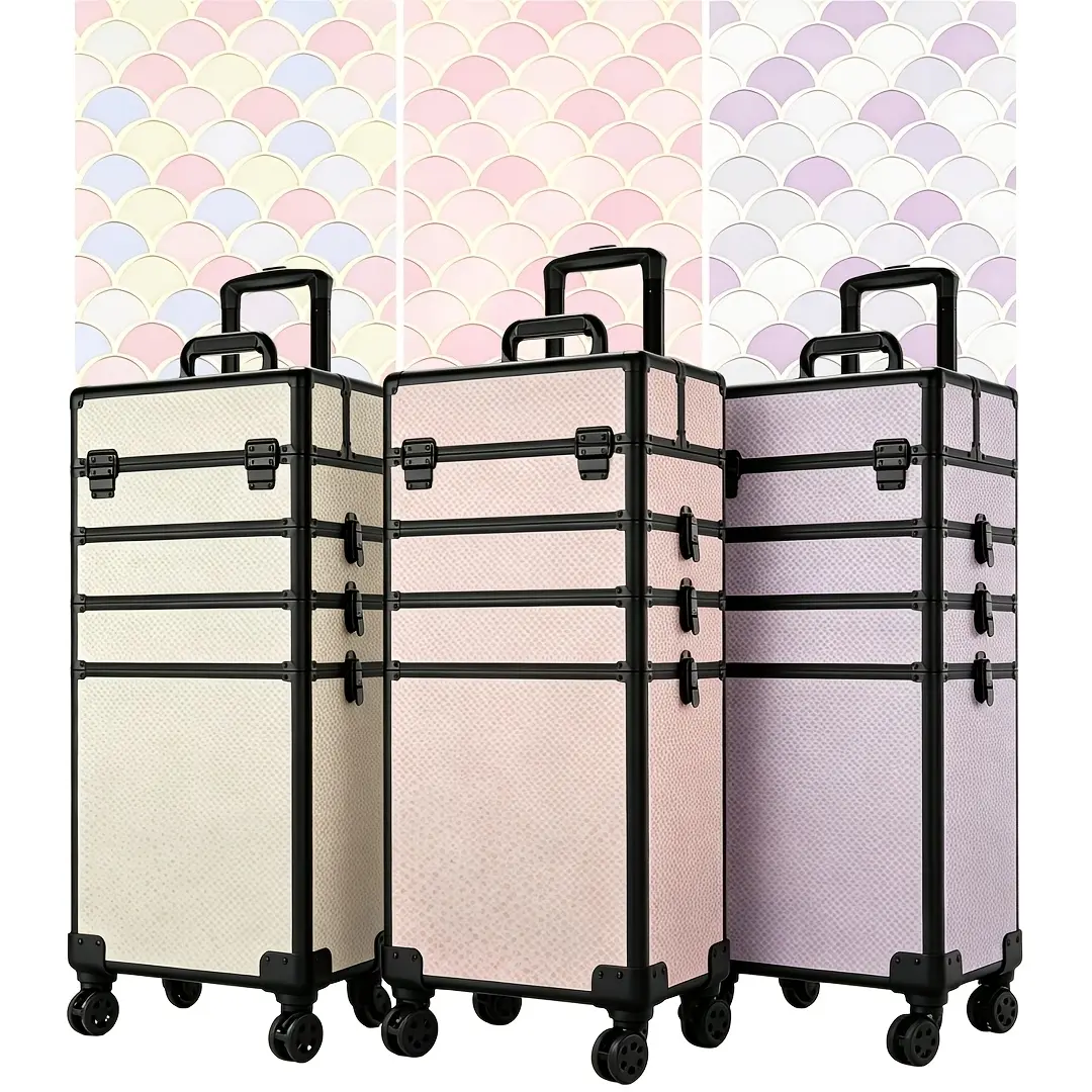 KEEYOTEK Modern Rectangular Fish Scale Pattern Rolling Cosmetic Storage Box - Aluminum Frame Trolley with 360° Silent Wheels, Wear-Resistant Sturdy Large Organizer for Makeup Artists, Makeup Travel