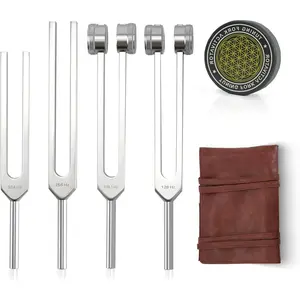 Tuning Forks Set – Includes 128Hz, 136Hz, 256Hz, 384Hz & Activator, Portable in Red Leather Pouch – Sound Healing Instruments for Chakra, Yoga, and Meditation