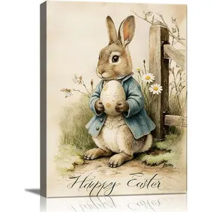 Cute Vintage Rabbit Wall Decor - Aesthetic Easter Bunny Prints for Nursery & Kids Room, Whimsical Spring Animal Art, Dreamy Easter Decoration for Girls/Boys