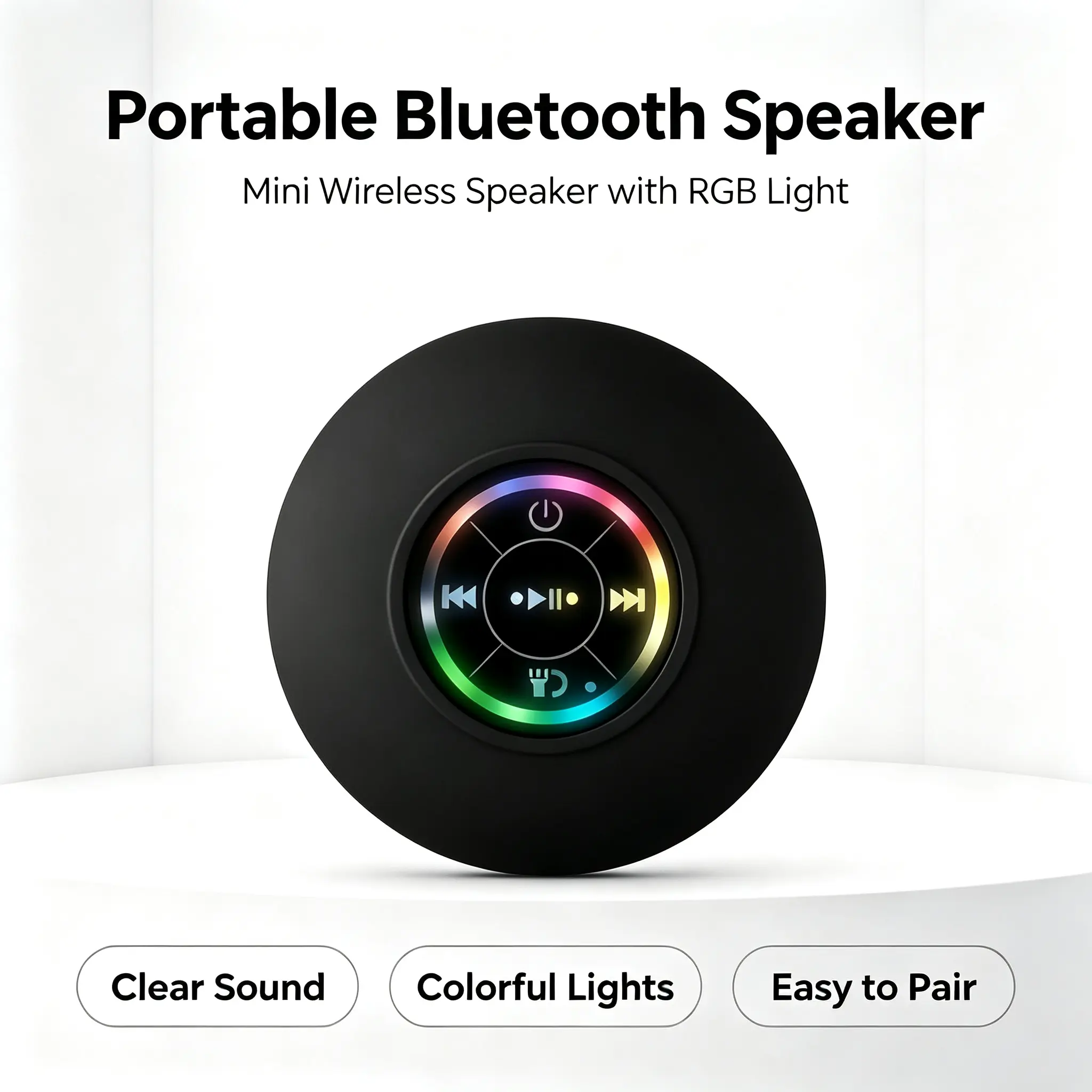 Portable Black Bluetooth Speaker Gift Set - Wireless, Waterproof, 20kHz Audio, Suction Cup, LED Light, Rechargeable, Hands-Free, Smartphone/Tablet Compatible, Home Bathroom Gadget, Back To School Essential