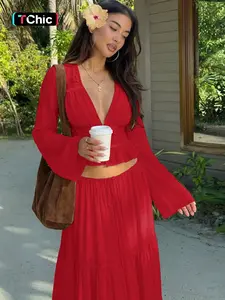 Women Spring Autumn Long Sleeve V Neck Fitted Tops Long Skirt Beach Vacation Chiffon Two Piece Set Outfit Clothes Womenswear