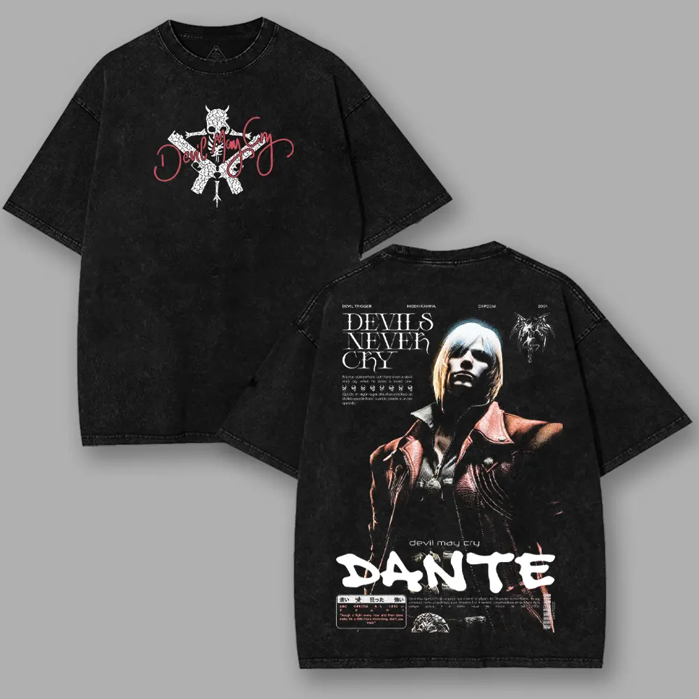 Devil May Cry Dante  Anime Manga game Vintage Cotton 2 sided Washed Tshirt Sweatshirt Hoodietees Top Casual graphic t-shirts