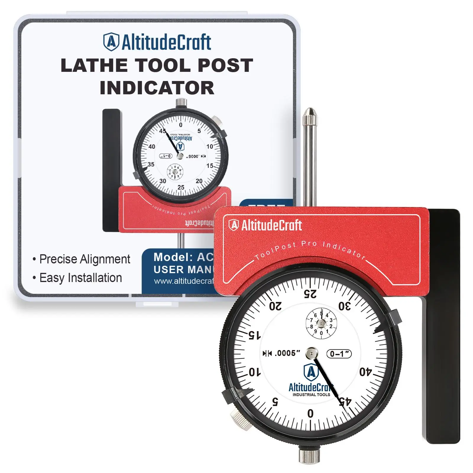 AltitudeCraft Lathe Tool Post Indicator Holder for 3-Jaw and 4-Jaw Chucks, 0.0005" Dial Compatible with Standard Tool Posts, Lathes, Tool Holders