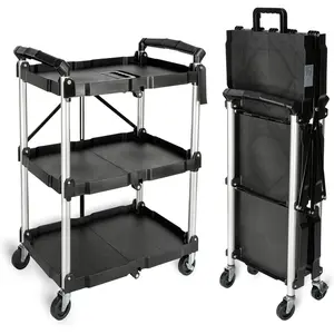 U3 - No Assembly Folding Service Cart Tool Carts with Wheels,3 Tier Utility Rolling Cart,Collapsible Storage Cart, Holds 220lbs Plastic Push Cart for Home Garage Restaurant Office Kitchen Warehouse