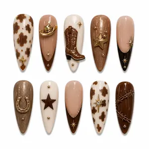 Cowgirl Western Press On Nails | Nude Brown Rodeo Nails | Cowboy Boot & Cow Print Handmade Nail Set