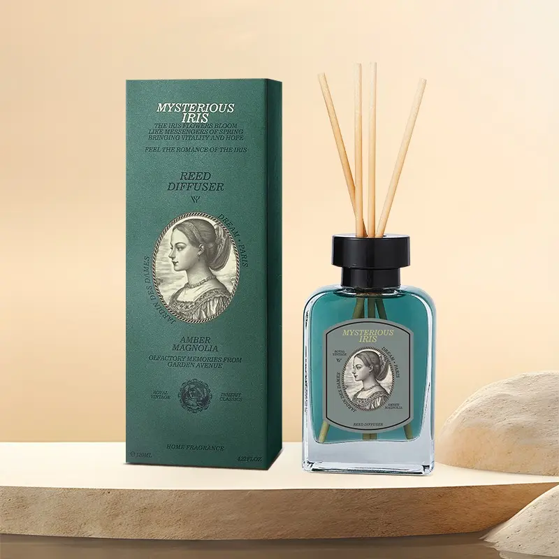 Mysterious Iris Reed Diffuser, 120ML, Coffee Citrus Top, Blossom Heart, Warm Musk Base, Flame-Free, Long-Lasting, Ideal Gift