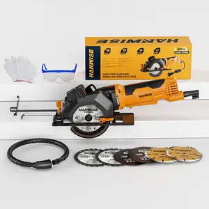 HANWISE 800W 4000RPM 4½" Mini Circular Saw, 0-45° Bevel & Depth Adjustment, Laser Guide, Lightweight 4.7lbs with 2x TCT/HSS/Diamond Blades – One‑Hand Cutting for Wood, Soft Metal, PVC & Tile