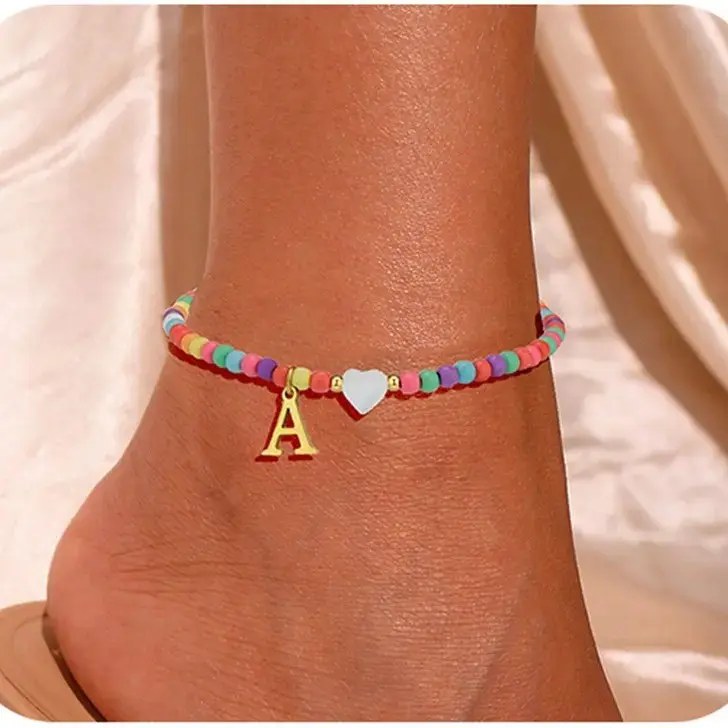Tewiky Women's Gold Mother-of-Pearl Heart Initial Anklet with Colorful Seed Beads - Summer Beach Jewelry Gift, Anklets for Women