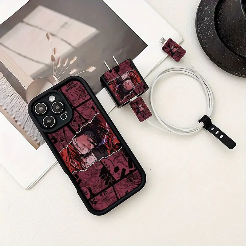 5 Piece Set Anime Shanks Phone Case, Charger Head Cover, Cable Protector, Storage Rope, Anti-Drop Tpu Protective Case for iPhone