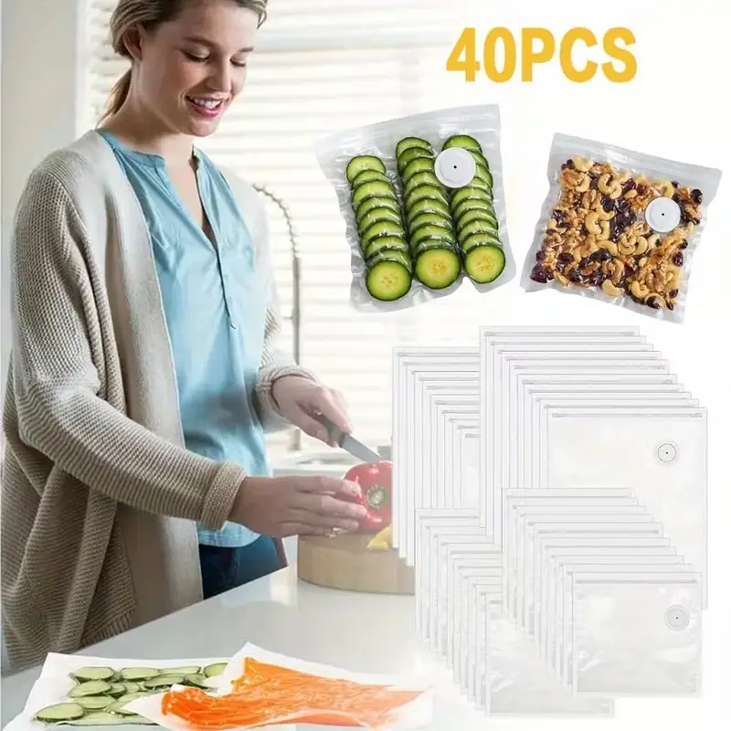 Summerwins 40 Pcs Reusable Vacuum Food Storage Bags (20 Large + 20 Small) for Kitchen Containers, Handheld Machine Compatibility, Fresh Produce Sealing and Preservation, Convenient Practical Design, 40 Pcs Clear(20 Large + 20 Small), Leak-Proof
