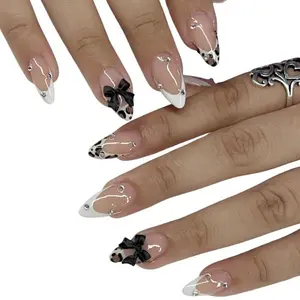 Press On Nails Medium Almond Shape French Tips with Leopard Print & Black Bow Charm Full Cover Glossy Artificial Glue On Nails for Women Girls DIY Nail Art Decoration