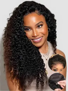 3-In-1 Water Curly Human Hair Half Wig, No Glue No Lace, 200% Density Water Wave Glueless Wigs for Women, Drawstring Wear, Natural Tone, Beginner Friendly Natural Color, Afro Curly Wig