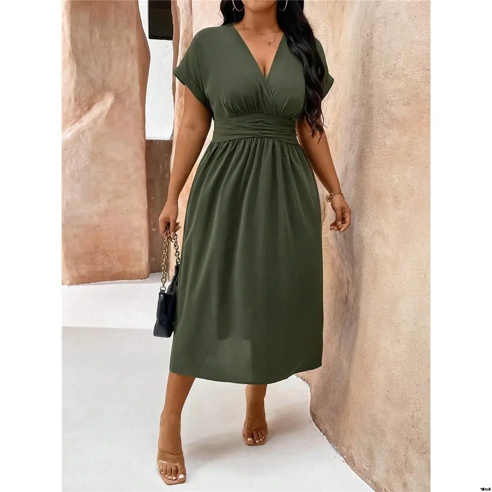 Dress casual vacation sleeve bat waist pleated solid color large size VCAY  SHEIN - TikTok Shop
