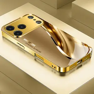 Luxury Metal Curve Pattern Gold Metallic Paint Glass Phone Case For iPhone 17 Pro Max 11 12 13 14 15 16 Plus 17Air 16E Cover