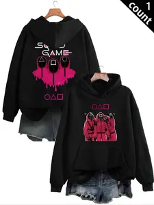 Women's Squid Game Print Drawstring Pocket Hoodie, Casual Long Sleeve Hooded Sweatshirt for Daily Wear, Ladies Clothes for Fall & Winter, Tops