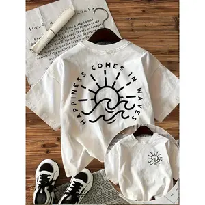 Girls' Casual T-Shirt, Short Sleeve Round Neck Double-Sided Print, "Happiness Rolls In" Slogan with Sun and Wave Design, Opaque Simple Design, Multiple Available,/Top, Machine Washable